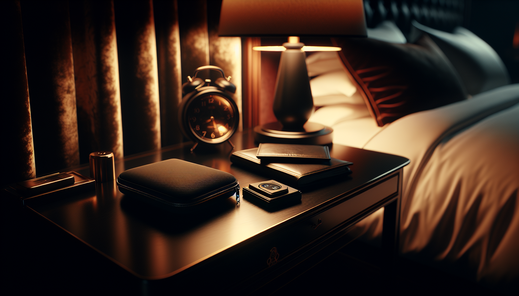 Hotel room nightstand with sealed Faraday bag and tamper evident protocol for executive device security