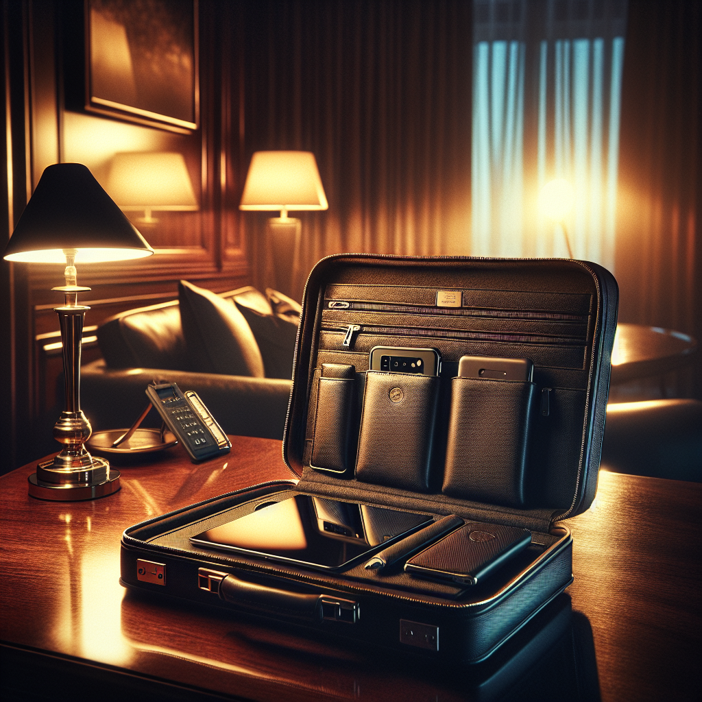 Executive faraday briefcase open on hotel desk with isolated devices during travel security protocol