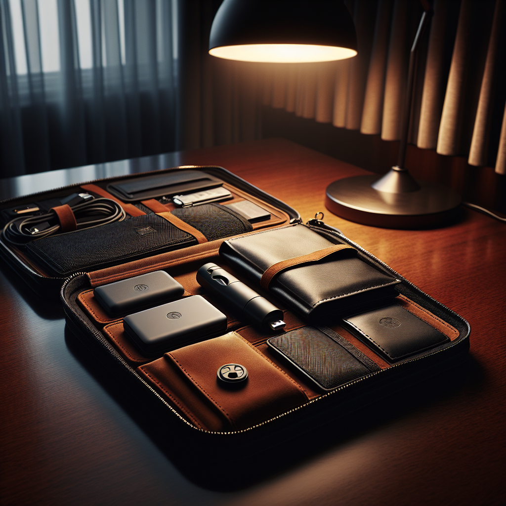 High profile privacy gear arranged for international executive travel including Faraday pouch and encrypted drive