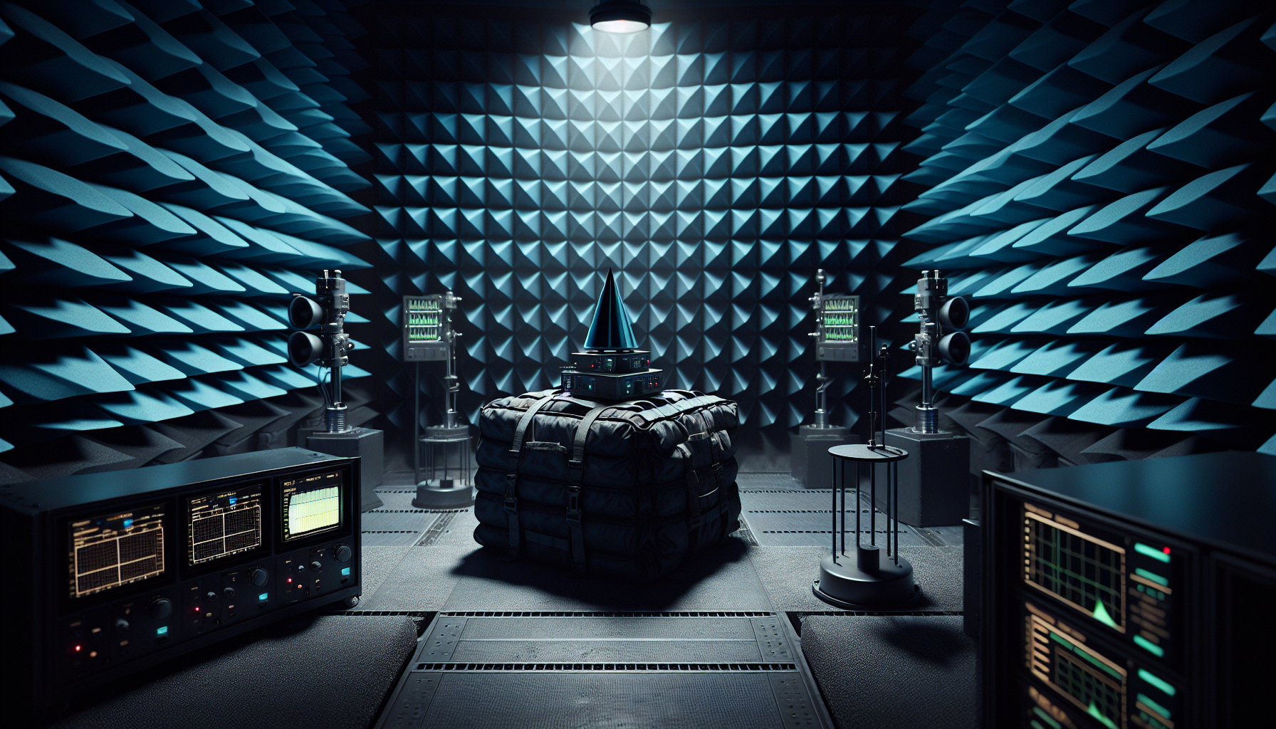 Faraday bag attenuation testing inside RF shielded anechoic chamber with spectrum analyzer