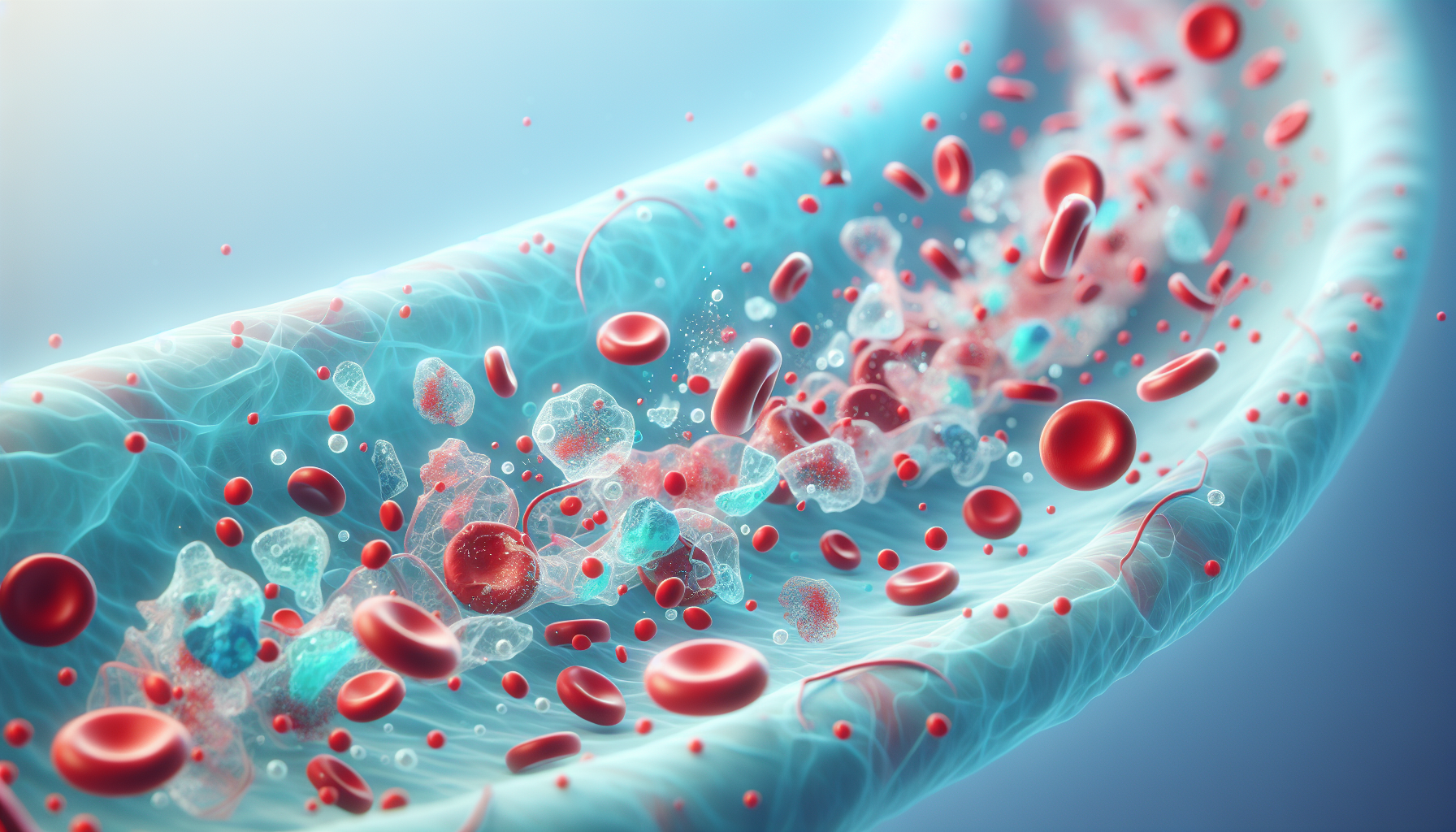 Microplastics health effects shown as colorful plastic particles in human bloodstream