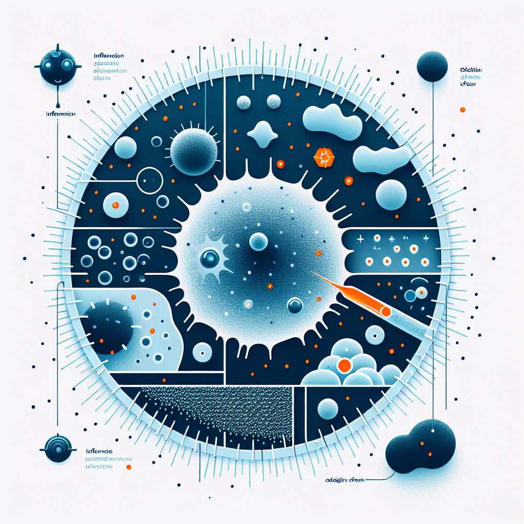 Cellular diagram showing microplastics inflammation and oxidative stress pathways