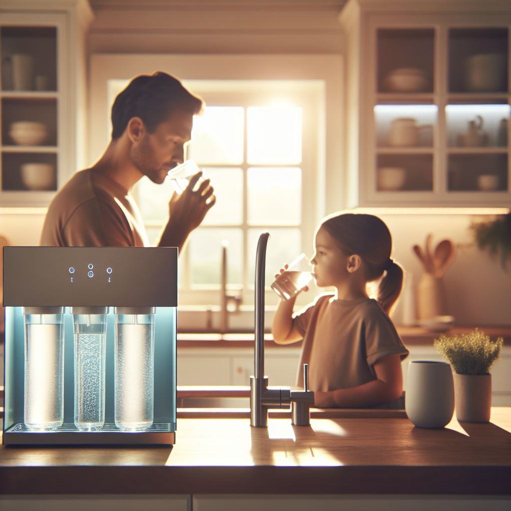 Family in bright kitchen drinking filtered water to reduce microplastics exposure